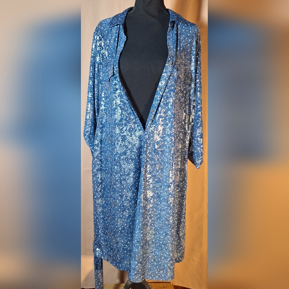 EMILY DANIELS Blue Denim Color Midi Dress with Lacy Silver Overlay - Picture 5 of 10